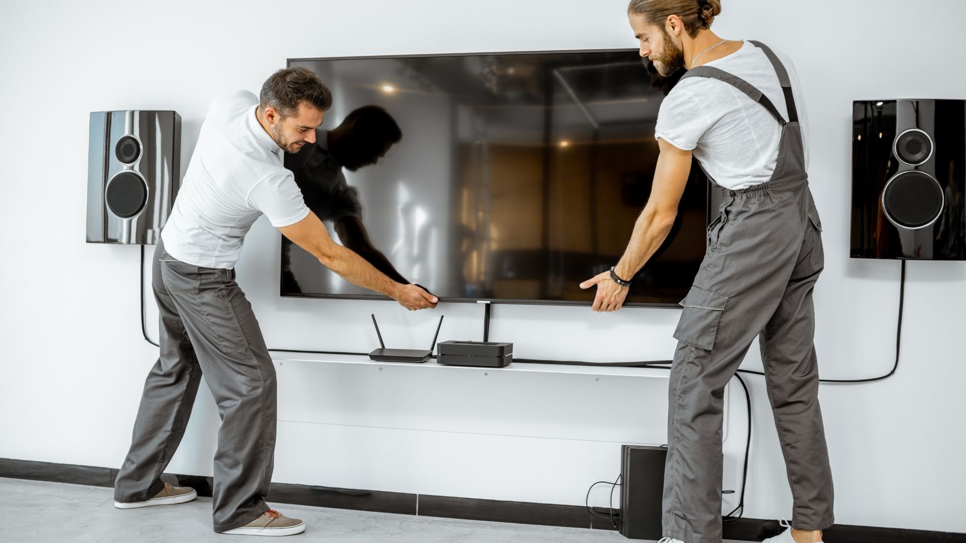 Two technicians installing audio equipment near large speakers and TV