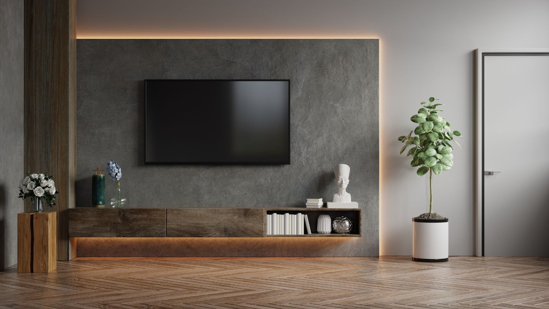 Modern living room with TV, wooden console, plants, and minimalist decor