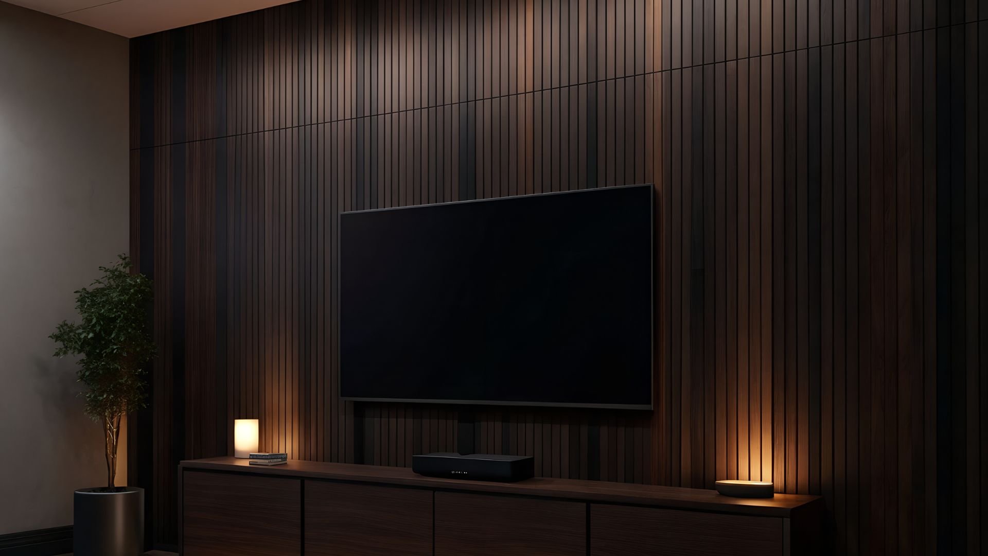 Moody living room with black TV mounted on wood-paneled wall with ambient lighting