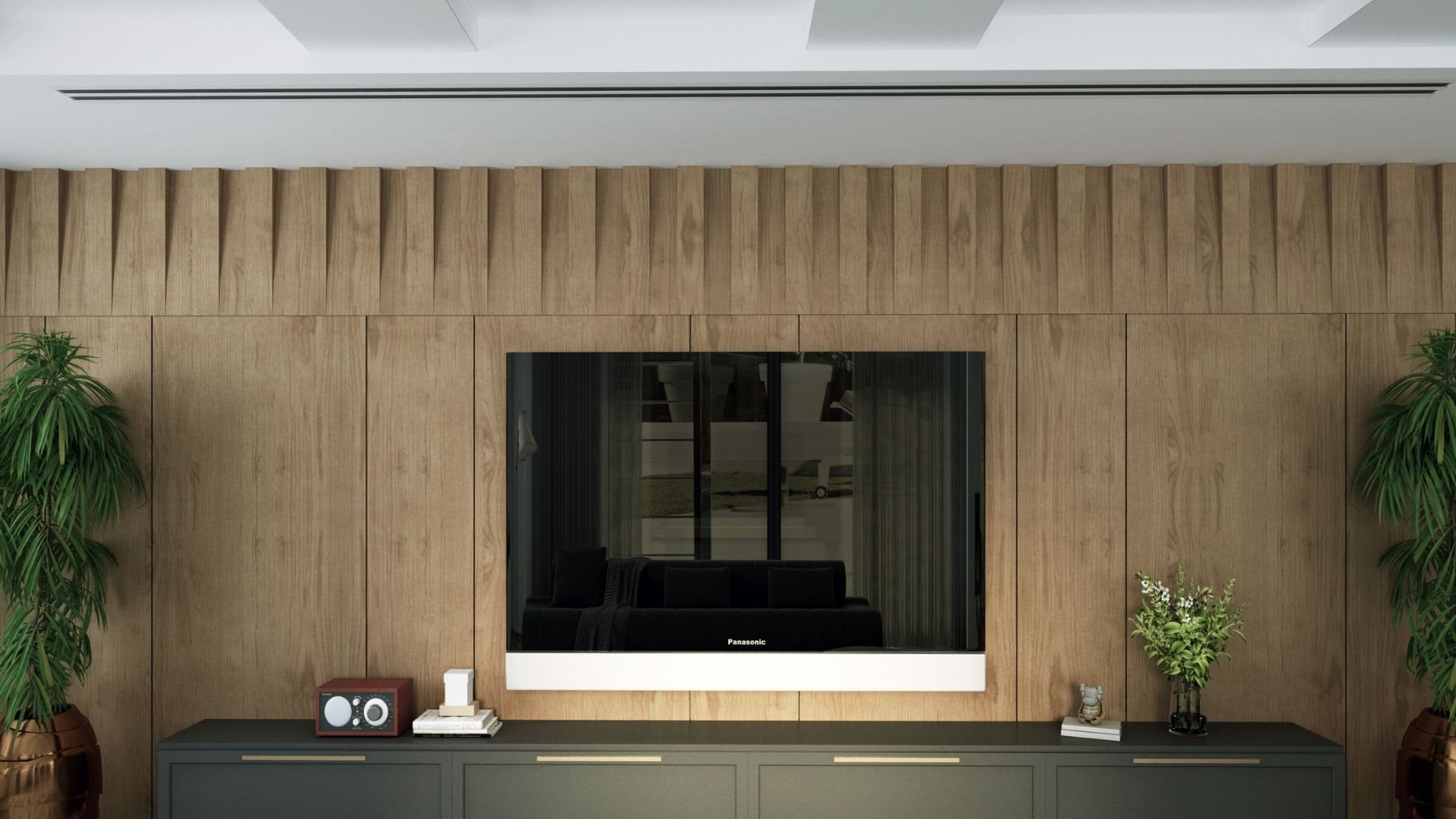 Modern living room with wood-paneled wall and Panasonic TV
