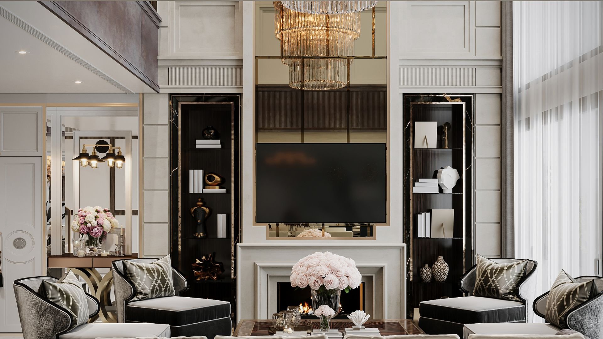 Elegant living room with black chairs, fireplace, crystal chandelier