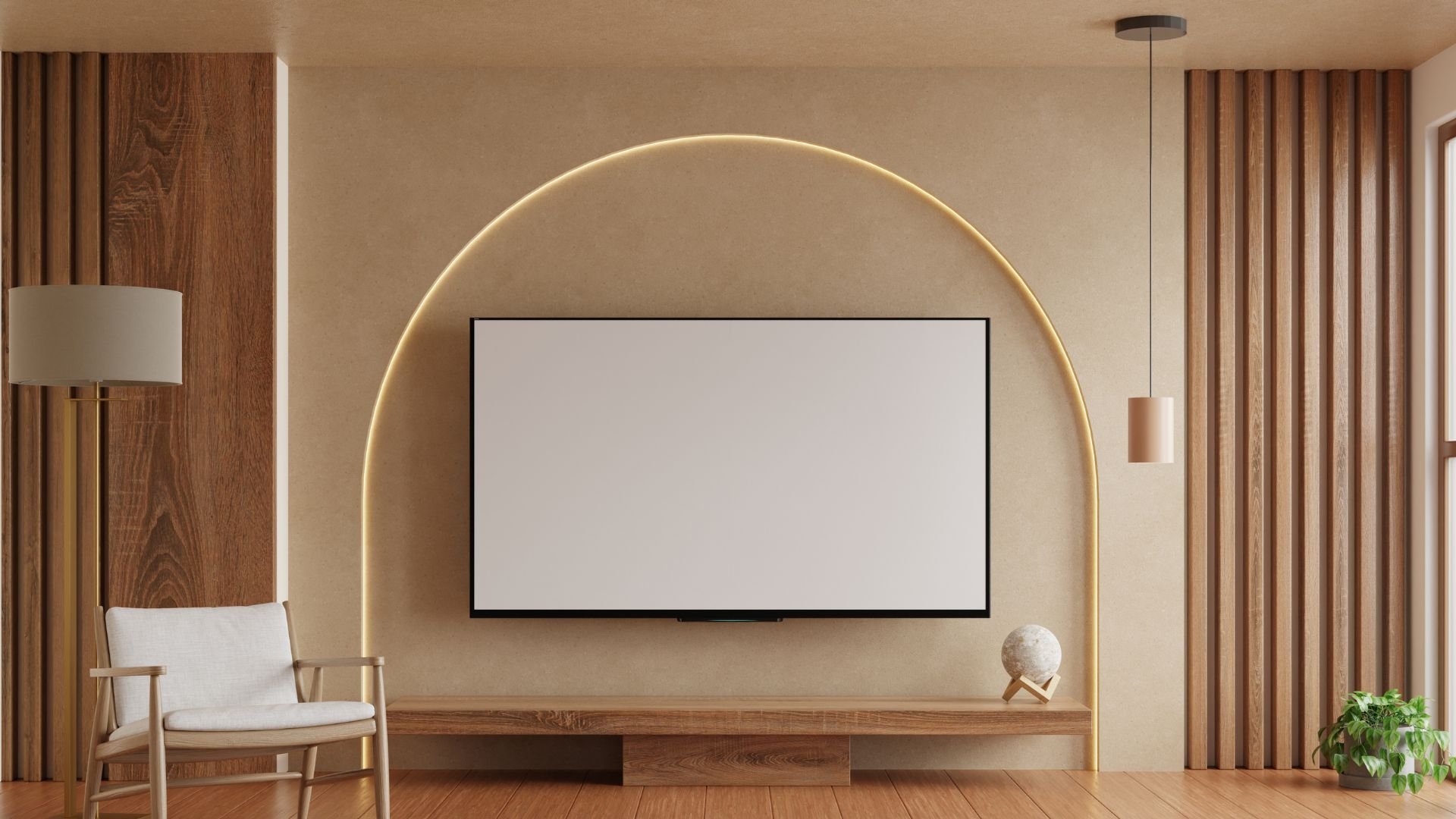 Minimalist living room with TV, wooden panels, and curved LED lighting arc